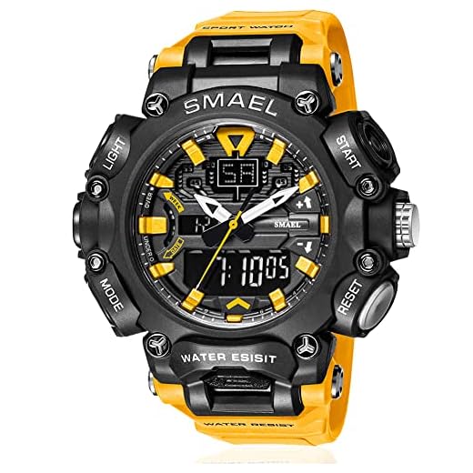 SMAEL Reloj deportivo analógico para hombre, reloj militar, cronómetro, digital, electrónico, grande, pantalla doble, impermeable, táctico, amarillo, para hombres