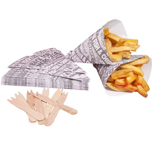 West5Products 100 Newsprint Chip Cones with Chip Shop Forks (Designed for Food Use)