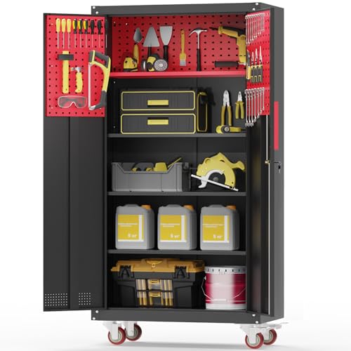 Reviews de Armarios altos disponible en línea. 47 Kelueo - Gabinete de almacenamiento de metal para cochera, armarios altos con 5 estantes ajustables, gabinete de almacenamiento de herramientas de acero con ruedas, armarios de...