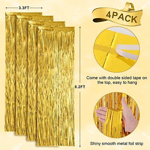 Image of Voircoloria 4 Pack Gold Foil Fringe Backdrop Curtains, Tinsel Streamers Birthday Party Decorations, Fringe Backdrop for Graduation, Baby Shower, Gender Reveal, Disco Party
