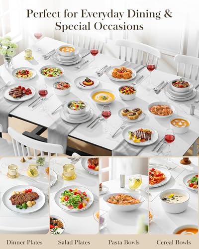 Image of MALACASA 24 Pieces Gourmet Porcelain Dinnerware Sets, Premium Plates and Bowls Set, High-Fired Dishes Set for 6, Chip & Scratch Resistant, Microwave Dishwasher Safe, White & Black Rim, Series LEXI