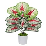 Artificial Caladium Plant with Red and Green Leaves, Red Leaf Artificial Plants Decoration Simulated Bonsai Potted Decor Home Room Party Wedding Office Floor (White(No Flowerpot), 60cm)