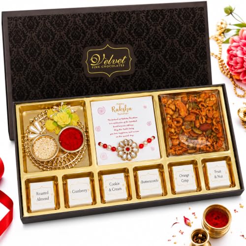 Image of VELVET FINE CHOCOLATES Gift Hamper for Brother & Sister with 6 Assorted Chocolates, Piri Piri Trail Mix 50g, Kundan Rakhi with Card & Kumkum Thali | Raksha Bandhan Gift Box | Handpicked Gift