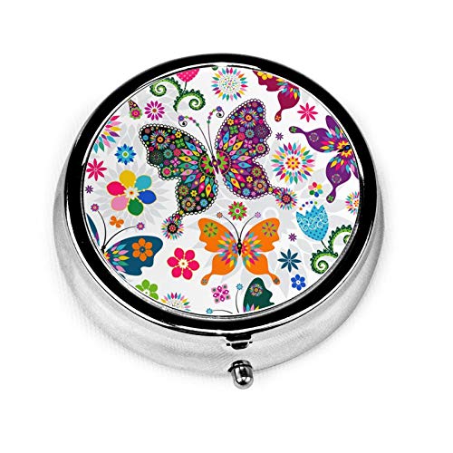 Colorful Butterfly Pill Box 3 Compartment Round Silver Pill Case Portable Medicine Vitamin Holder Organizer for Purse Pocket Travel Gifts