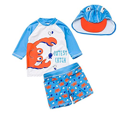 Toddler Baby Boys Two Piece Swimsuits Rash Guard Long Sleeve Crab Bathing Suit Swimwear Sets with Hat UPF 50+ for Kids Blue