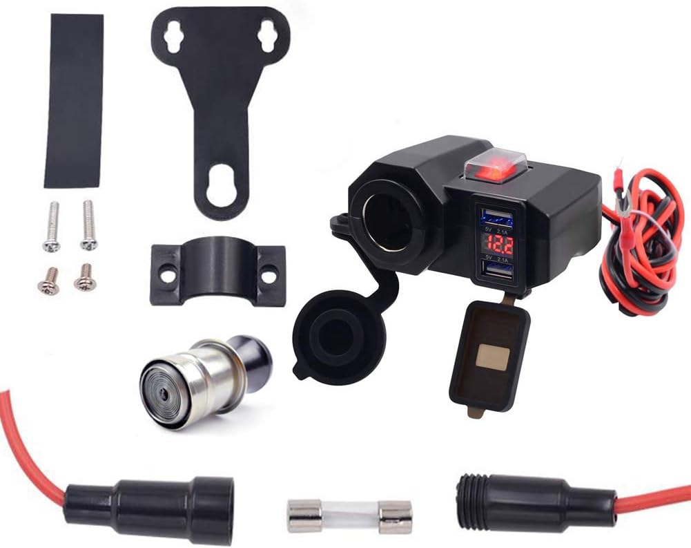 12V Motorcycle Power Outlet USB Port Cell Phone Charger Handlebar Clamp USB Charging Socket,Moto Dual USB Charger Kit Accessories Waterproof with Cigarette Lighter 5V 2.1A + 2.1A for Phones Tablets