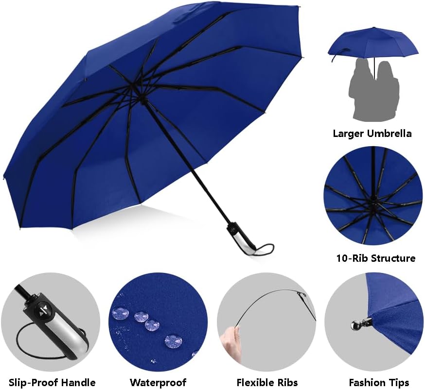 USA Folding Umbrella 10 Ribs Compact Travel Umbrella with Teflon Coating, Automatic Umbrellas Anti UV Coating Folding Umbrellas（Royal Blue） - Image 3