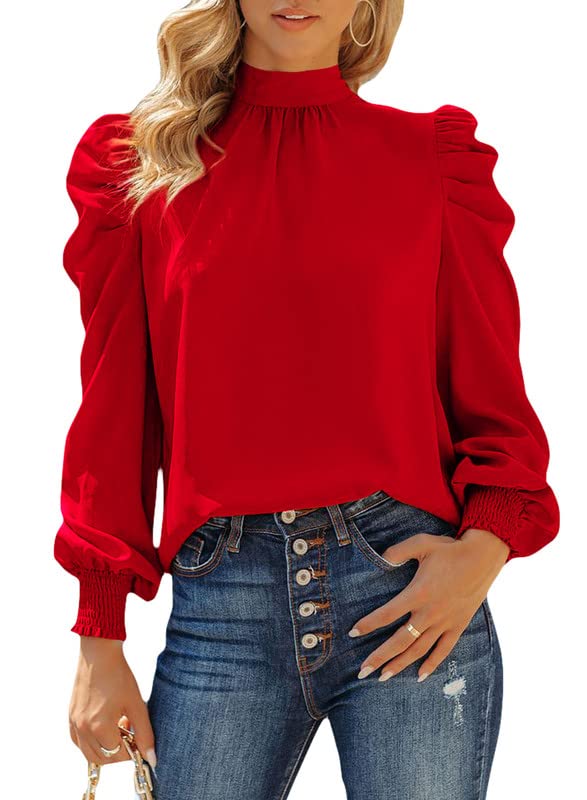 DokotooWomens 2024 Long Sleeve High Neck Puff Long Sleeve Casual Loose Shirts Tops and Blouses