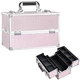 Stagiant 12.6 Inch Large Makeup Train Case, Professional 4 Trays Cosmetic Cases Makeup Storage Organizer Box Beauty Make Up Box with Lock&Adjustable Compartments for Nail, Accessories, Skincare, Pink