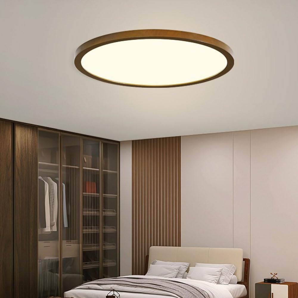 Flush Mount Wood Ceiling Light, Dimmable LED Ceiling Lighting Fixture, Minimalist Wooden Ceiling Lamp, Modern Round Close to Ceiling Lights for Bedroom Living Room Hallway