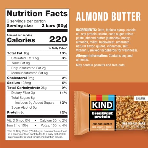 Image of KIND Breakfast Protein Bars, Almond Butter, Gluten Free, Low Sodium, Healthy Snacks, 8g Protein, 6 Count (6 Packs of 2 Bars)