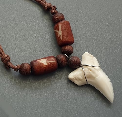 Genuine Mako Shark Tooth Necklace, Unisex Adult, 16-32 Inch Adjustable, Brown Wooden Beads & Waxed Cords, BA3712