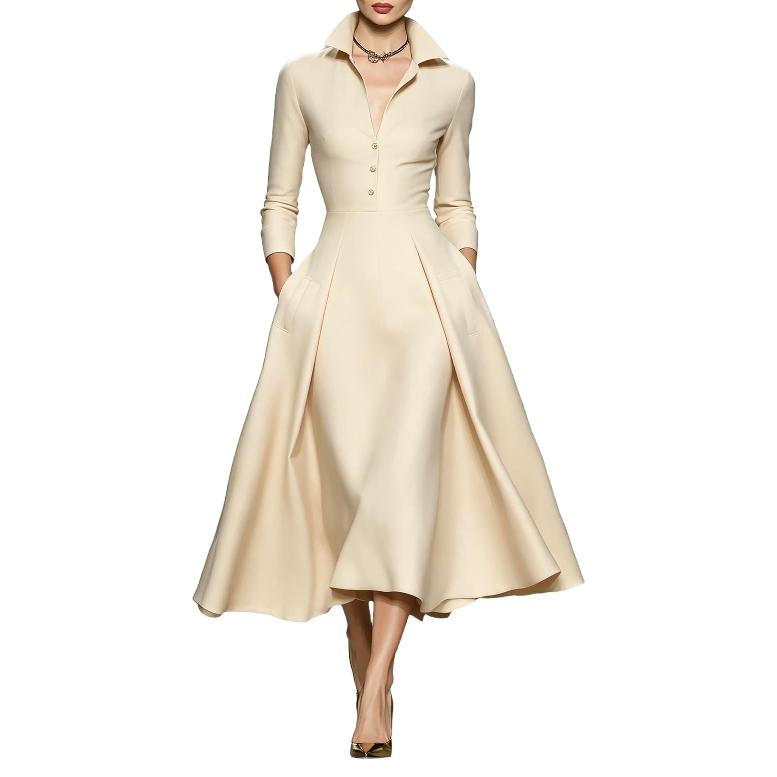 Abendkleider Elegant Für Hochzeit Business Kleid Hochzeitsgast Damen Curvy Festlich Kleider A Linie V Ausschnitt Midikleid Vintage Cocktailkleid Langarm Blusenkleid Winter Herbst