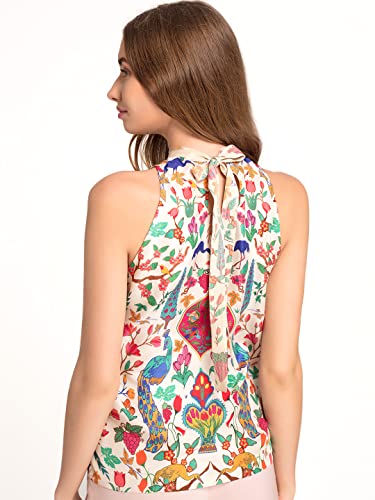 Image of SHAYE Cream Party Sleeveless Halter Neck Floral Printed Satin Top for Women