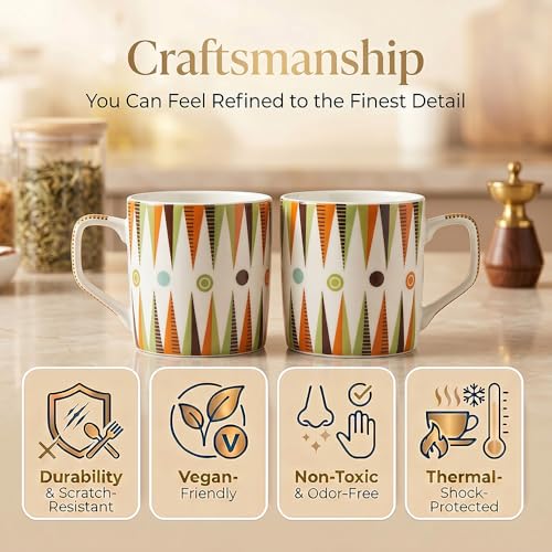 Image of UPC Coffee Mug Set of 6 | White Retro Geometric Triangle Print | Orange Olive & Charcoal Boho Pattern | Bone China Tea & Coffee Cups | Microwave Safe | Home & Kitchen