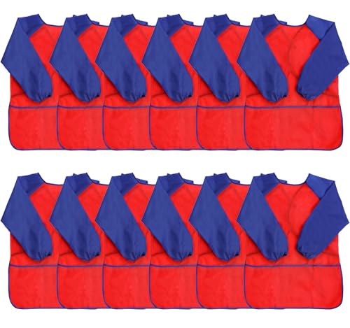 XIEJINJIA Delantal de Dibujo Infantil Impermeable con Mangas Largas y 3 Bolsillos Delantal DIY 3-8 Años, para Escuela, Arte, Pintura, Bricolaje, Cocina, 12 piezas rojas, M