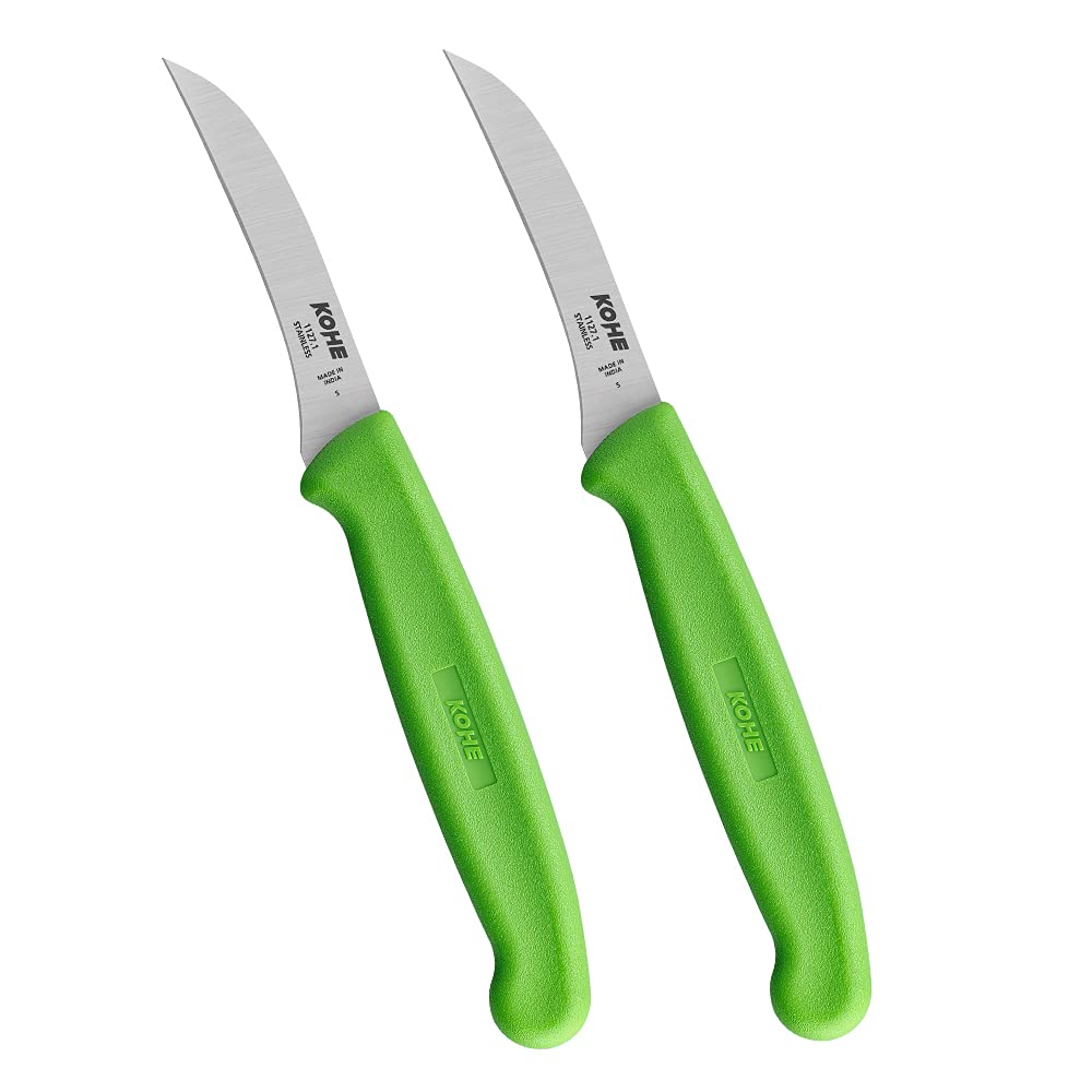 KOHE Curved Paring Knife, Stainless Steel Vegetable & Fruit Cutting Carving Blade Knife for Professional and House Use (Green Color) (2) (1127.1 Green)