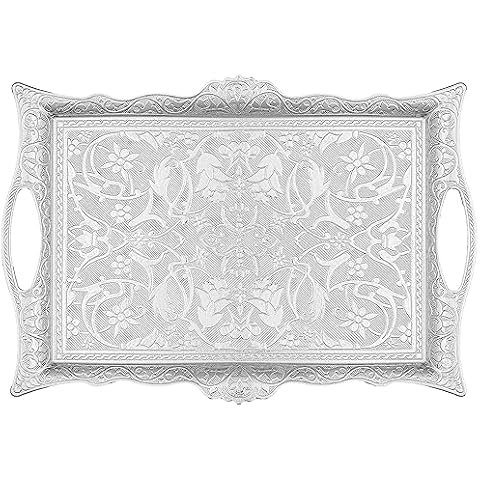 Alisveristime Ottoman Turkish Zamak Serving Tray with Traditional Motifs, Ideal for Coffee and Tea - Six Person Tray (14.5 x 9.85 in) (Silver) Cover