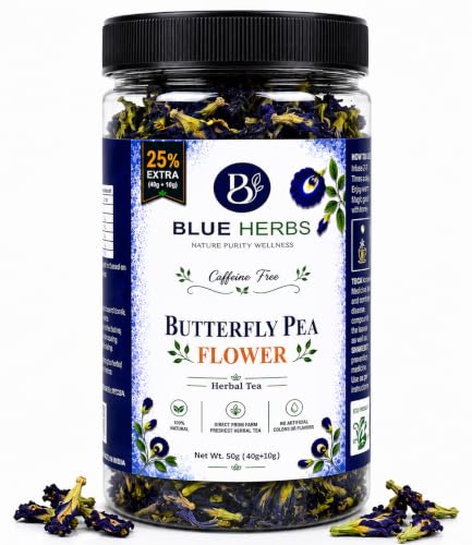 BLUE HERBS - Butterfly Pea Flower Tea - 50g - 140+ Cups | Blue tea | Herbal tea | Butterfly Tea | Butterfly Dried Flower | Aparajita - Shankhpushpi | Blue Pea for Belly Fat & Weight Loss | Caffeine Free Detox & Liver Cleanse Glowing Skin & Hair Health