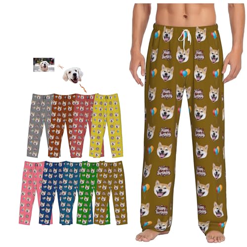 Custom Pajamas Pants Happy Birthday with Photo for Mens, Personalized Birthday Gifts Pj Bottoms Sleepwear Dog Pet Face for Women Lover