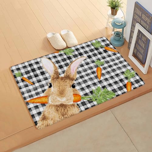 Easter Buffalo Bunny Kitchen Bath Door Mat Cushioned Runner Rug,Washable Welcome Floor Sink Antifatigue Mat,Waterproof & Non-Slip Comfort Standing Doormat,Carrots Black White Plaid Check 24