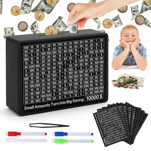 MAMGRROAT Cash Vault Wooden Money Box?Wooden Money Box with 8 Saving Targets?One Piece Cash Vault Wooden Savings Box Coin Money Savings Box with Counter ?Gift for Adults Kids Boys Girl (BLACK COLOR)
