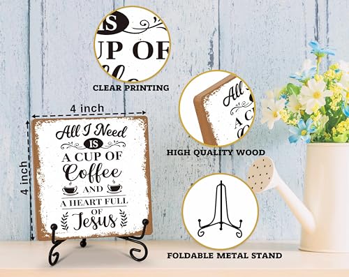 Image of Coffee Bar Decor, All I Need Is A Cup Of Coffee Christian Wooden Plaque Sign With Iron Stand, Rustic Kitchen Decoration for Farmhouse Home, Vintage Desk Sign for Cafe -64