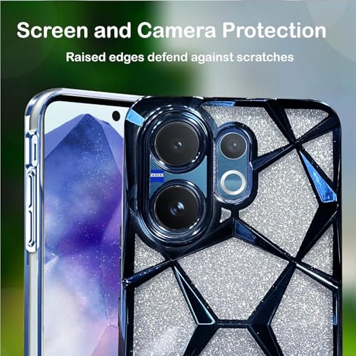 Image of VONZEE Gradient Glitter Case for VIVO V60, Luxury Electroplated 3D Cube, Diamond Bling Shiny Soft TPU Clear Shockproof Women Girls Protective Phone Cover (Blue)