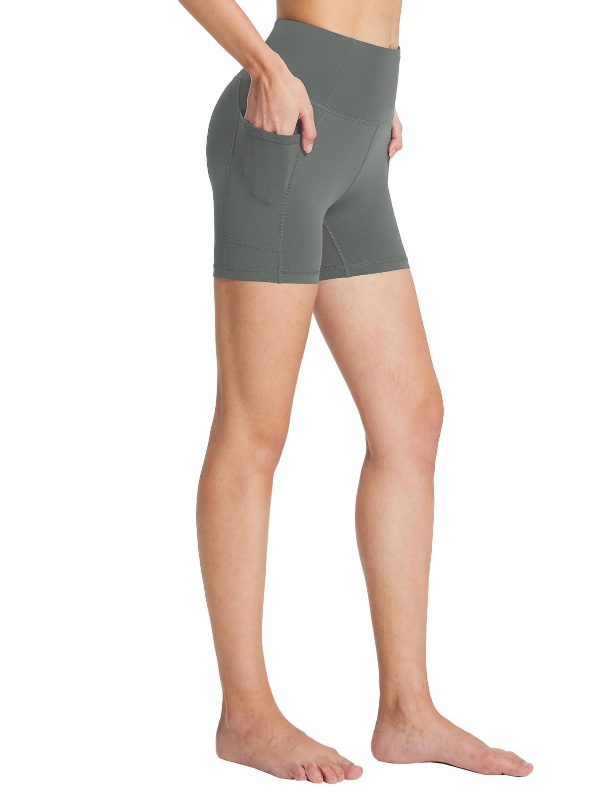 baleaf Women's High Waist Biker Shorts with 3 Pockets 5" Medium Gray-stretchier-lycra