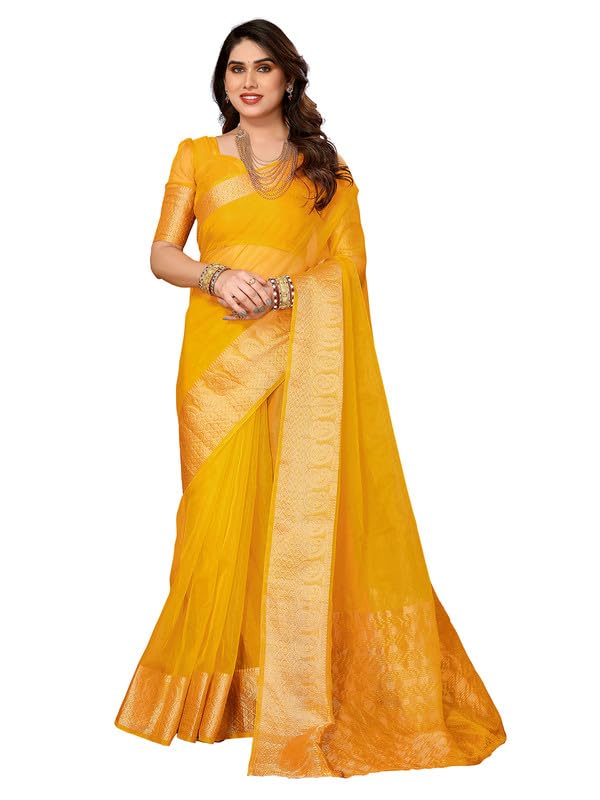 Satrani Women'S Organza Jacquard Border Saree With Unstitched Blouse Piece