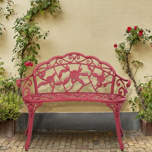 Image of VINGLI 38.5 inch Patio Park Garden Outdoor Metal Rose Bench, 2-Person Cast Iron Cast Aluminium Frame Antique Finish Chair,Accented Lawn Front Porch Path Yard Decor Deck Furniture (Red, Rose)