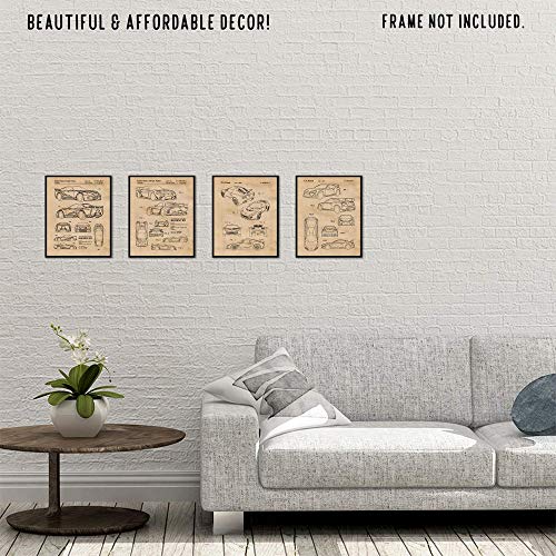 Vintage Toyota Supra, Mazda RX7, Lotus Exige, Subaru BRZ Patent Poster Prints, Set of 4 (8x10) Unframed Photos, Wall Art Decor Gifts Under 20 for Home Office, College Student, Teacher, Cars Coffee Fan