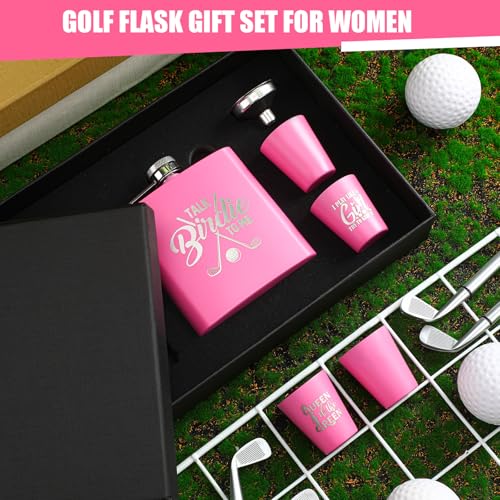 Realspring 6 Pcs Golf Gift Set for Women 6oz Golf Bottle with 4 Stainless Steel Glasses 1 Funnel for Golfers Funny Golfer Accessories for Women Mom Birthday Gift