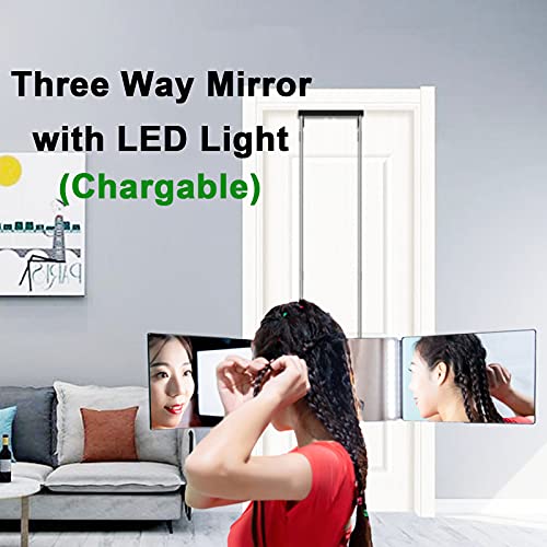 EUNEWR Espejo de 3 vías para Cortar el Cabello con luz led,Espejo de Tres Caras Plegable con Ganchos,360 Mirror Barber,tríptico Espejos con Soportes Altura Ajustable,para Maquillaje/Peinado/Teñido