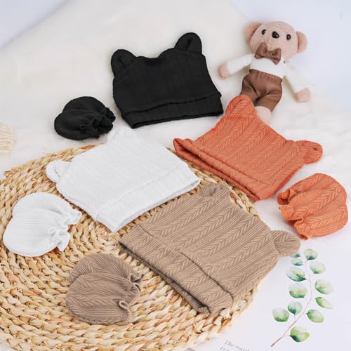 Image of BQUBO Newborn Baby Hats Bear Ears and Mittens Sets Preemie Caps Baby Boy Girl Infant Hospital Beanie for 0-3 Months