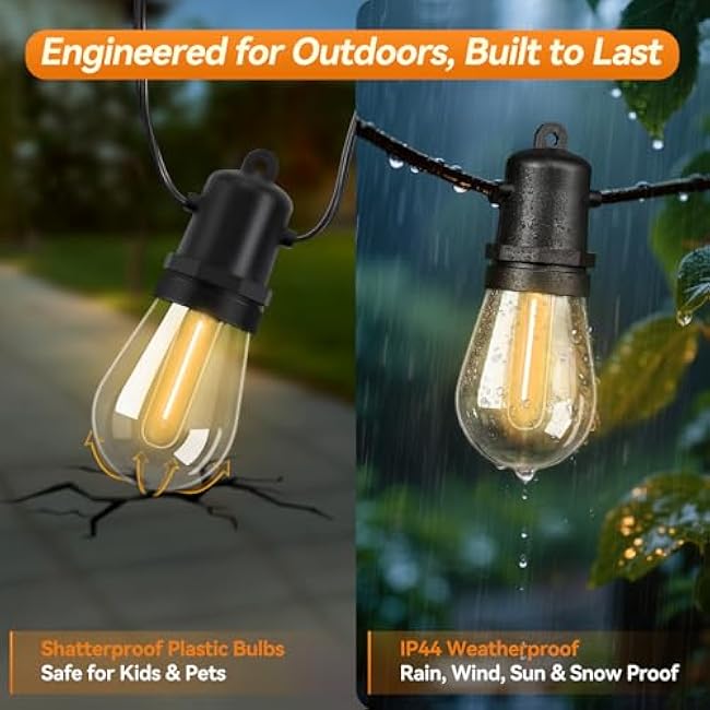 48FT LED Outdoor String Lights Dimmable Shatterproof S14 Edison Bulbs IP44 Weatherproof Commercial Grade for Patio Backyard Garden Party D¨¦cor
