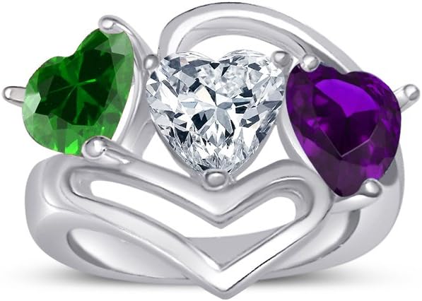 Build Your Ring - Personalized Sterling Silver Three Stone Heart Synthetic Birthstone Ring - Choose Your CZ Stones
