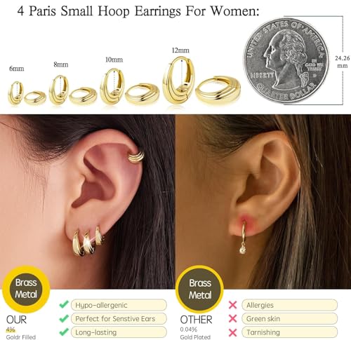 Image of Small Gold Huggie Hoop Earrings Set for Women Men Hypoallergenic 14K Plated Stack Cartilage Earrings, Sterling Silver Multiple Piercing Lightweight Mini Thin Cute Dainty Trendy Jewelry Gifts for Women