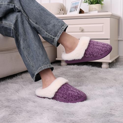 Image of Evshine Warm Knit House Slippers for Women Comfy Wool-Like Lined Chenille Slippers with Memory Foam and Indoor Outdoor Soles