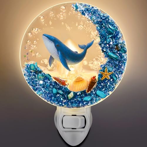 Image of Hortsun Plug in Seashell Night Light Ocean Sea Animal Decorative Night Light Plug in Beach Lamps Vintage Ocean Lamps for Adult for Home Bedroom Living Room Bathroom Wall(Whale)