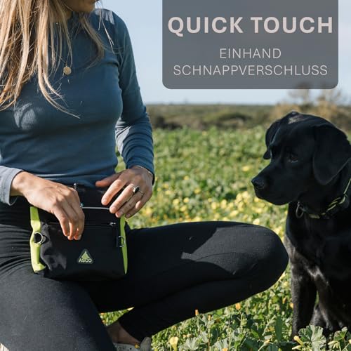ASCO Leckerlitasche für Hunde - Leckerlibeutel mit Einhand-Schnappverschluss - Futterbeutel Hunde 20 x 20 cm - Hundetraining Bauchtasche mit viel Platz, Bauchgurt und waschbarer Innentasche, schwarz