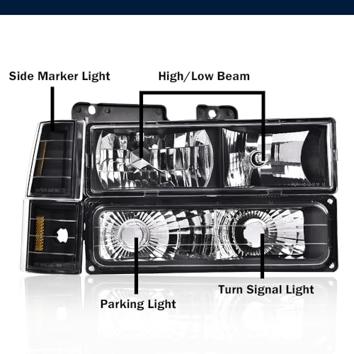 Image of GRAND ORANGE Headlights Assembly, Compatible with GMC Sierra C /K Yukon 1500 2500 1994 1995 1996 1997 1998 Fit Chevy C /K C10 Suburban Corner HeadLamp（Clear lens Black Housing Amber Reflector）