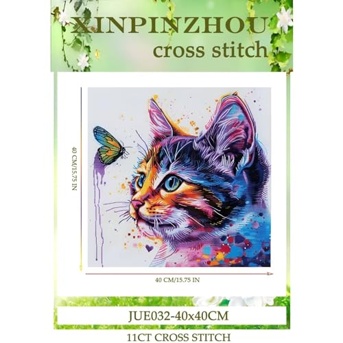 Image of Xinpinzhou Cat 11ct Cross Stitch Kits, 11 CT Funny Pre Printed Counted Stamped Cross Stitch Embroidery Needlepoint Needlework Patterns Kits for Beginners Adults Animal Crossstitch 40x40 cm