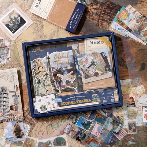 Image of GDNK Scrapbook Kit DIY Scrapbooking, Vintage Journal, Paper Stickers, Craft Notebook, Aesthetic Collage Album, Journaling Photo Album (Blue Global)