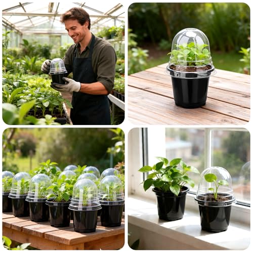KINGLAKE 12 Stück Anzuchttöpfe pflanztöpfe 10cm, Pflanztopf Aufzuchttöpfe Klein, Blumentöpfe Kunststoff Mit Kuppel Deckel und 12 Stück Pflanzenstecker, Setzlinge Anzucht Töpfe Plastik-Schwarz