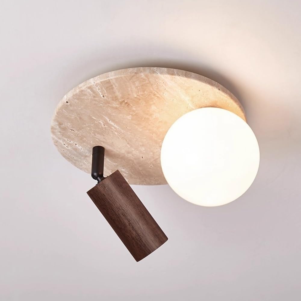 ITOSUI Travertine Ceiling Light, Flush Mount Ceiling Lamp, Wood Spotlight Fixture, Glass Globe Lighting, ch Natural Stone, Solid Wood, Nordic Style for Hallway, Aisle, Entrance(Walnut Wood Color)