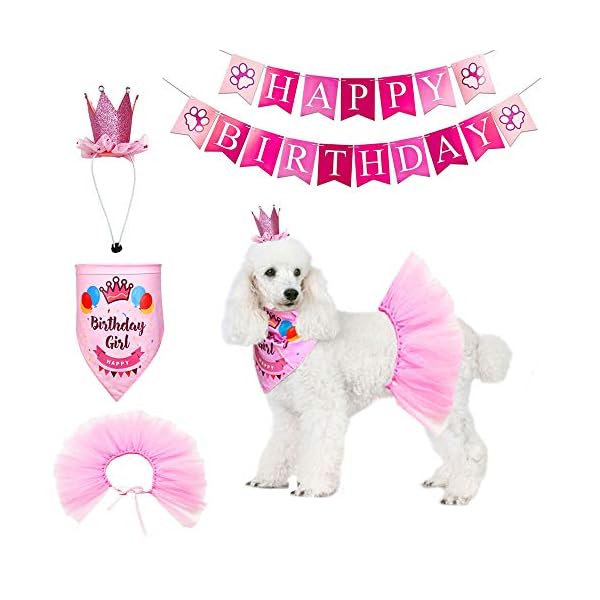 Adoggygo dog birthday bandana girl - birthday party supplies - pink tutu skirt crown hat scarf happy birthday banner dog girl birthday outfit for pet puppy cat girl (pink)
