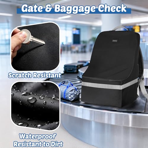 Image of Padded Car Seat Travel Bag For Airplane: Backpack Car Seat Cover for Air Travel, Carseat Bag With Shoulder Strap for Infant Car Seats, Boosters & Carriers, Flying Accessories For Gate & Baggage Check