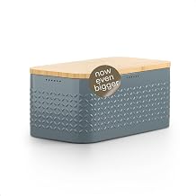 LARS NYSØM Bread Box I Metal bread box for long lasting freshness with non-slip pads I Baked goods Bin with bamboo lid usable as cutting board I 34.5x18.5x15.8cm (Stone Blue)