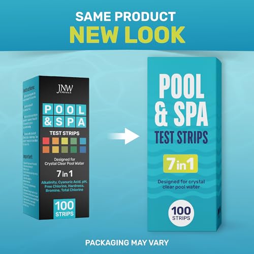 JNW 7-in-1 Pool Test Strips, 100 Quick & Accurate Test Strips for Pool Water, Spa Test Strips for Hot Tub, Chlorine Test Strips, Bromine, pH, Alkalinity, Hardness & More - Swimming Pool Test Kit